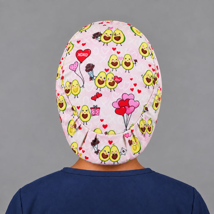 Valentine avocado Euro cap, right side profile — pink heart and bouquet print, breathable cotton cap for nurses
