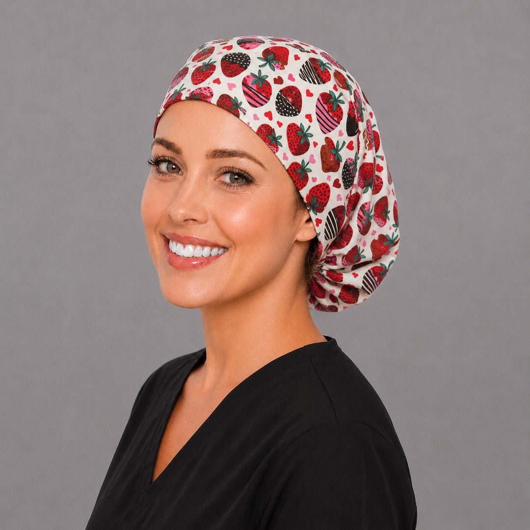 Valentine dessert Euro surgical cap, right side profile — elastic adjustable back that secures long or thick hair