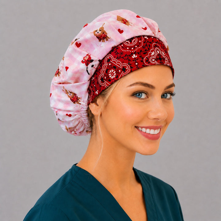 Valentine puppy and heart bouffant cap for women, right angled view — handmade dog print surgical cap, USA made