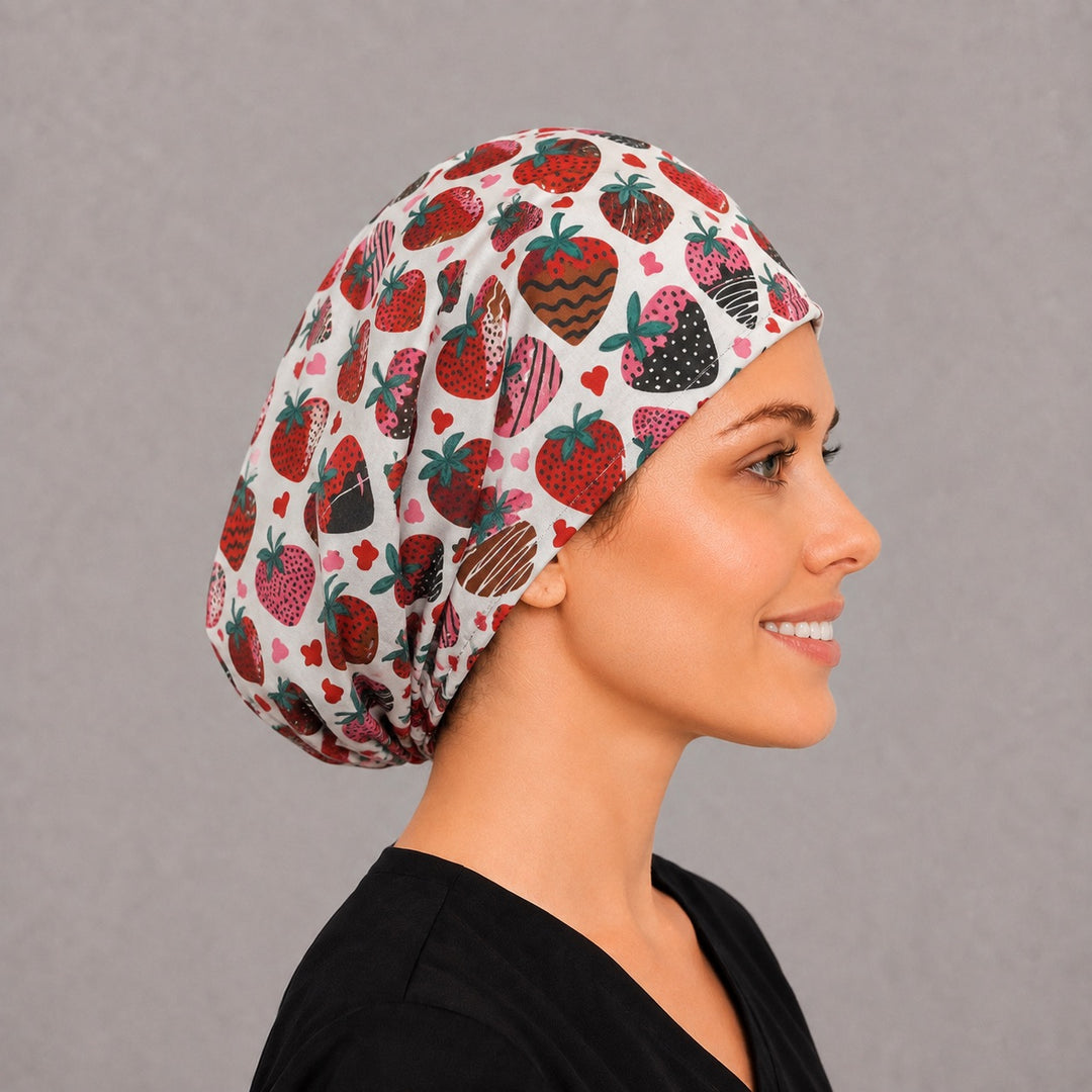 Valentine strawberry Euro surgical hat, right angled smiling view — handmade chocolate drizzle print cap, USA made