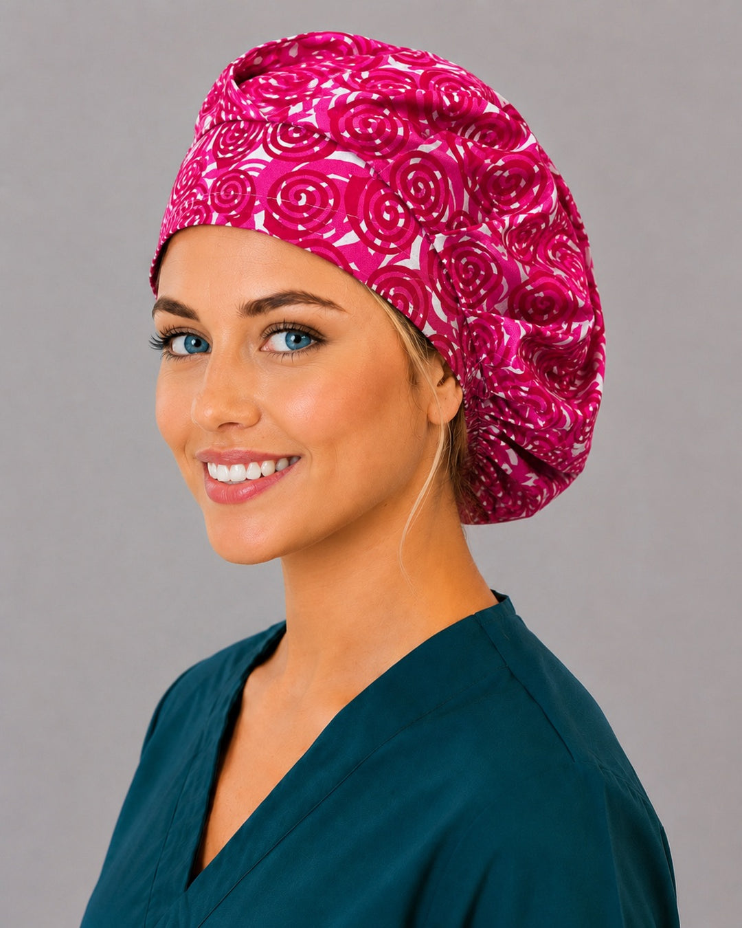 Valentine swirl bouffant surgical cap for long hair, left angled view — deep gathered fit that secures thick or braided hair