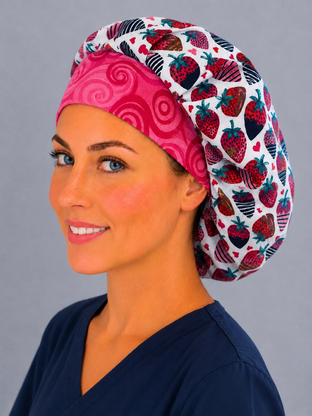 Valentine's dessert bouffant surgical cap for women, three-quarter view — chocolate strawberry print bouffant scrub hat, breathable cotton