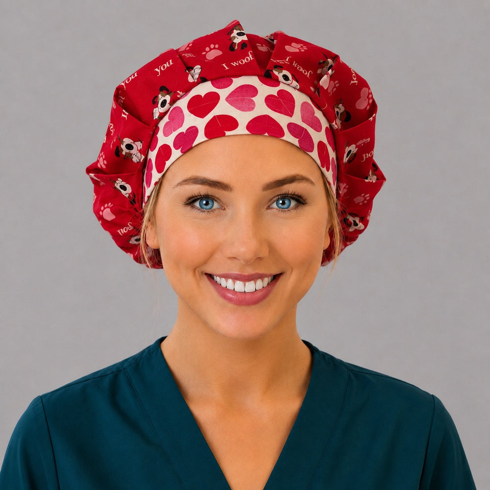 Side view of the Valentine's puppy heart bouffant surgical hat — cherry red dog print with heart contrast band, roomy cotton cap for nurses