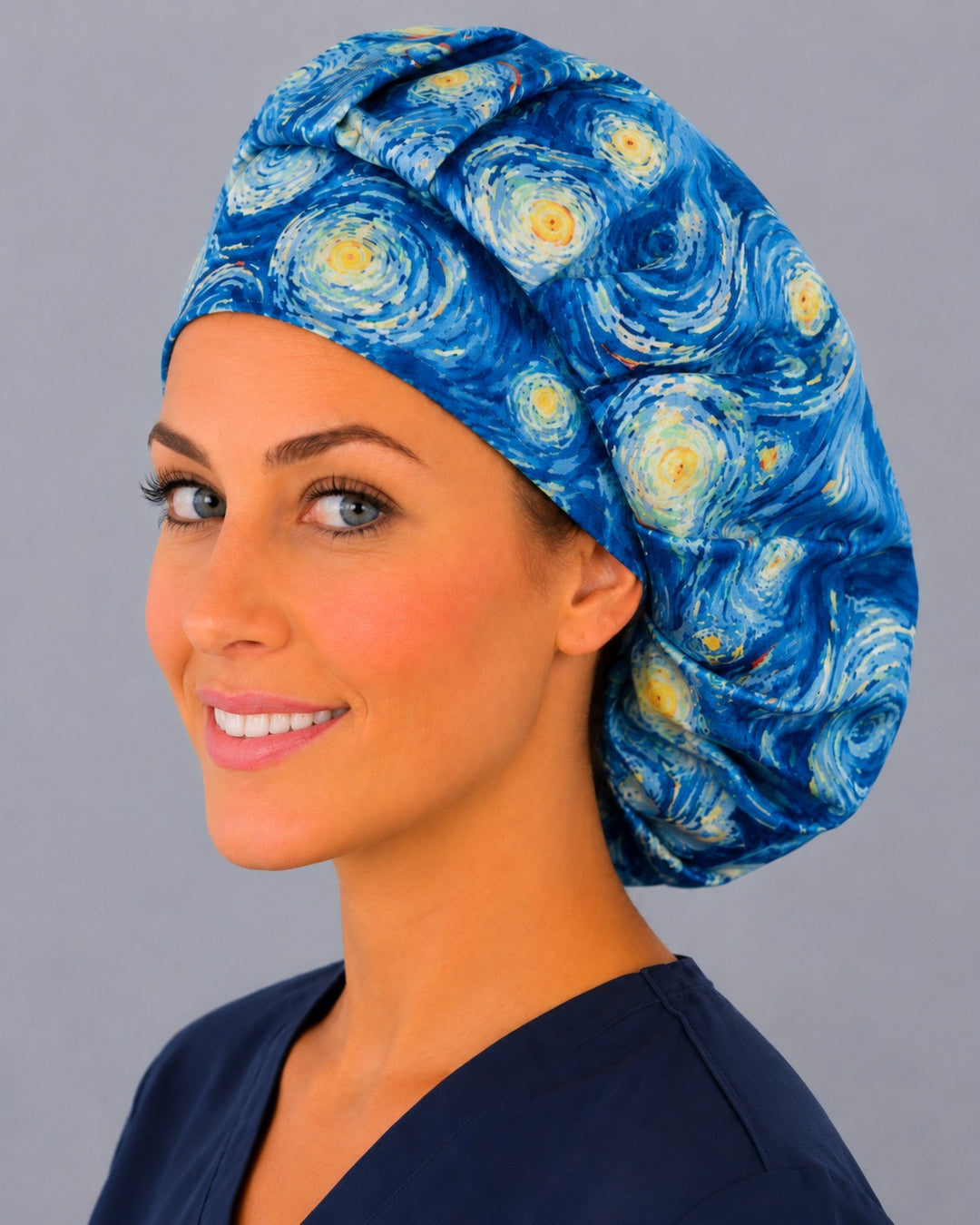 Back view of the Van Gogh Starry Night bouffant scrub cap — full gathered fit showing swirling blue brushstrokes and stars