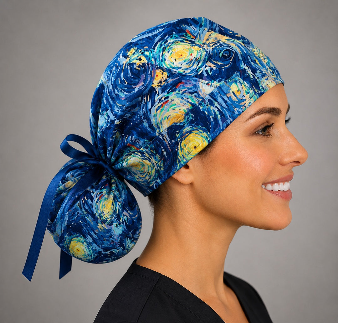Van Gogh Starry Night ponytail scrub cap right side profile showing gathered pouch of swirling blue, turquoise and gold starry print with blue ribbon tie