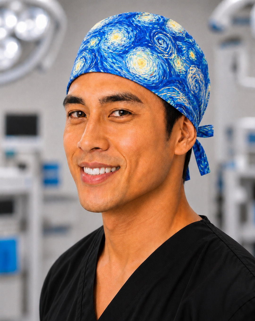 Three-quarter view of Van Gogh Starry Night artistic men's scrub cap surgical hat, blue and gold swirls handmade in the USA