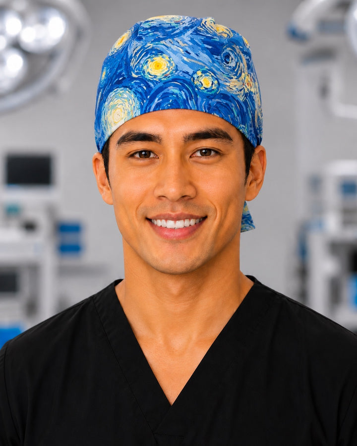 Van Gogh Starry Night scrub cap in swirling blue and gold, handmade men&
