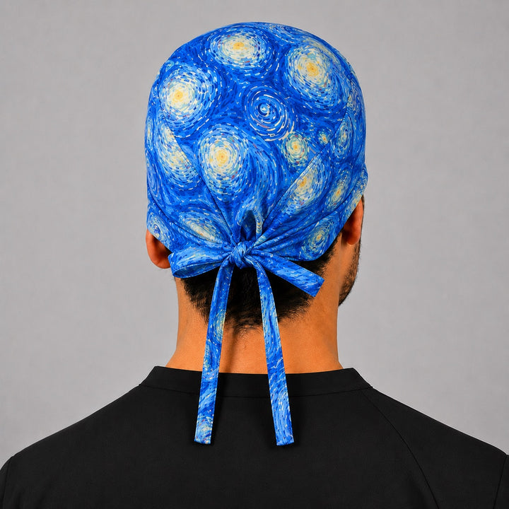 Back view of adjustable tie-back knot on Van Gogh Starry Night blue and gold artistic scrub cap surgical hat for men