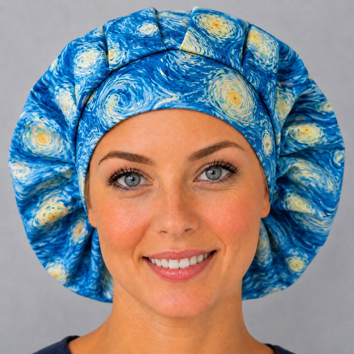 Left side profile of the Van Gogh swirl bouffant surgical hat — painterly cobalt and indigo print, roomy breathable cotton cap for nurses