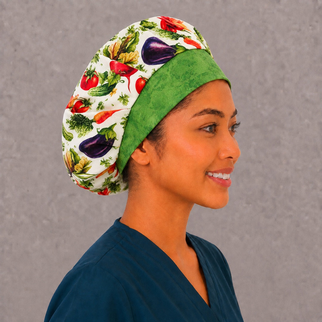 Vegetable garden bouffant scrub cap, right side profile — fresh produce print cap, a great pick for dietitians and nutrition teams