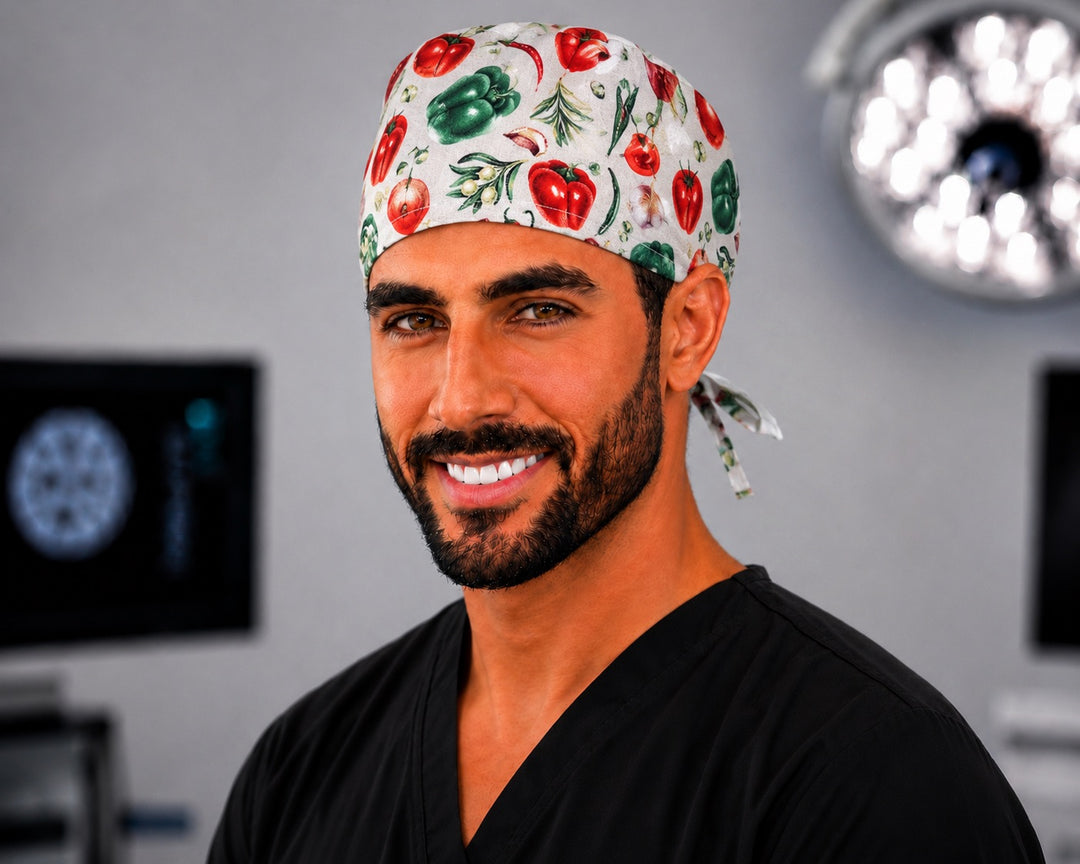 Chef style vegetable men's tie-back scrub cap, foodie OR surgical hat handmade in the USA for nurses and surgeons, front view