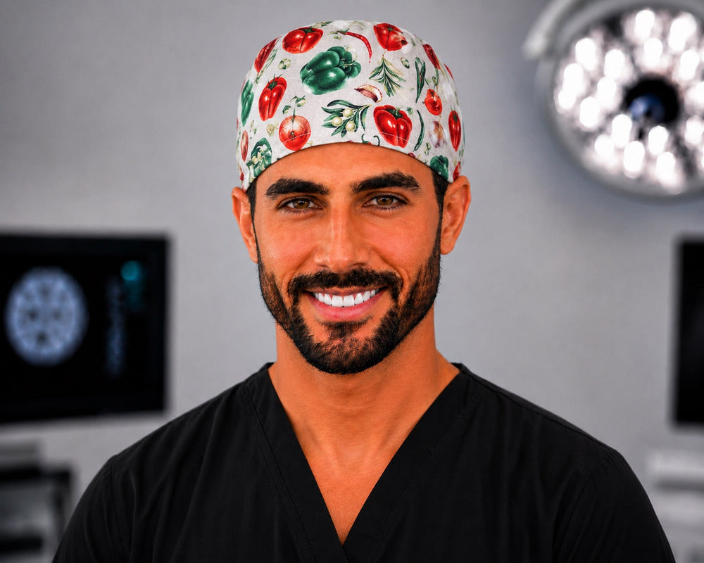Vegetable scrub cap and foodie surgical hat with tomatoes, peppers and herbs, handmade men's tie-back chef style cap on male OR nurse, front view