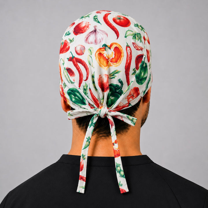Back view of adjustable tie-back knot on vegetable foodie scrub cap surgical hat for men