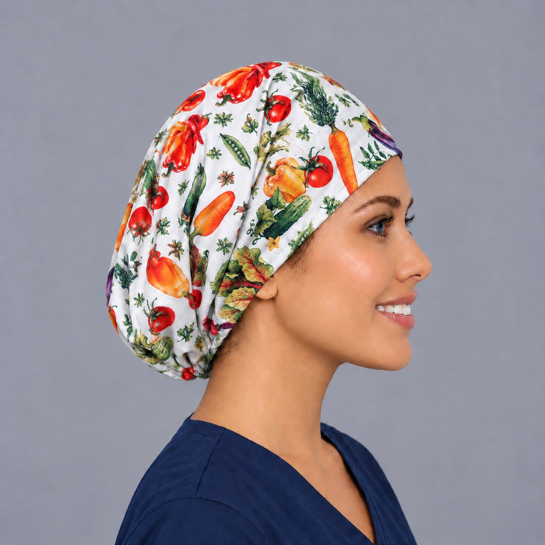 Right side profile of the veggie print Euro surgical hat — carrot and cucumber botanical print, breathable cotton cap