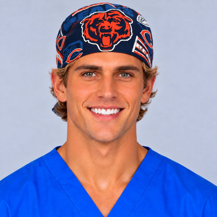 Back view of a vintage football tie-back scrub hat with long printed ties knotted at the nape for an adjustable, elastic-free fit on short hair