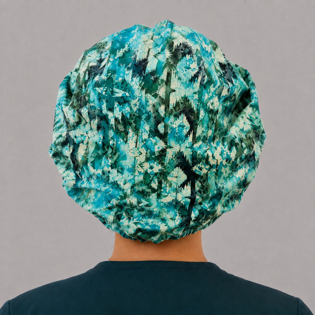 Back view of the vintage icicles bouffant scrub cap — full gathered fit showing geometric icicle batik print across the crown