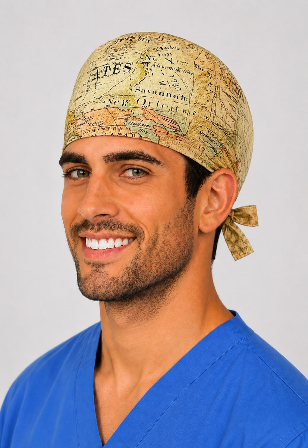 Vintage map scrub cap side view — antique world atlas print tie-back surgical cap, handmade in the USA, gift for travel-loving nurses