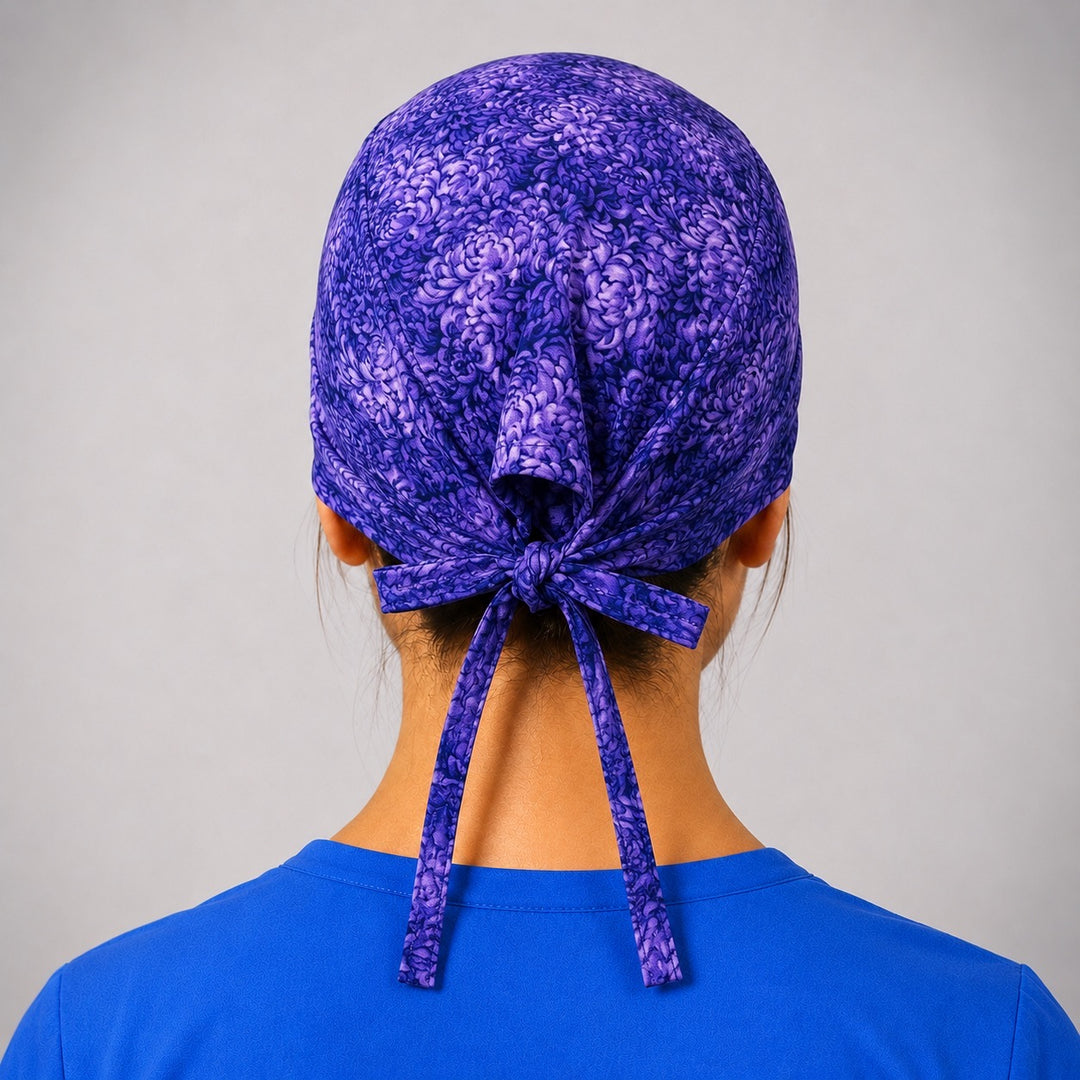 Dark violet petal euro scrub cap, adjustable handmade surgical hat for women, front view on OR nurse