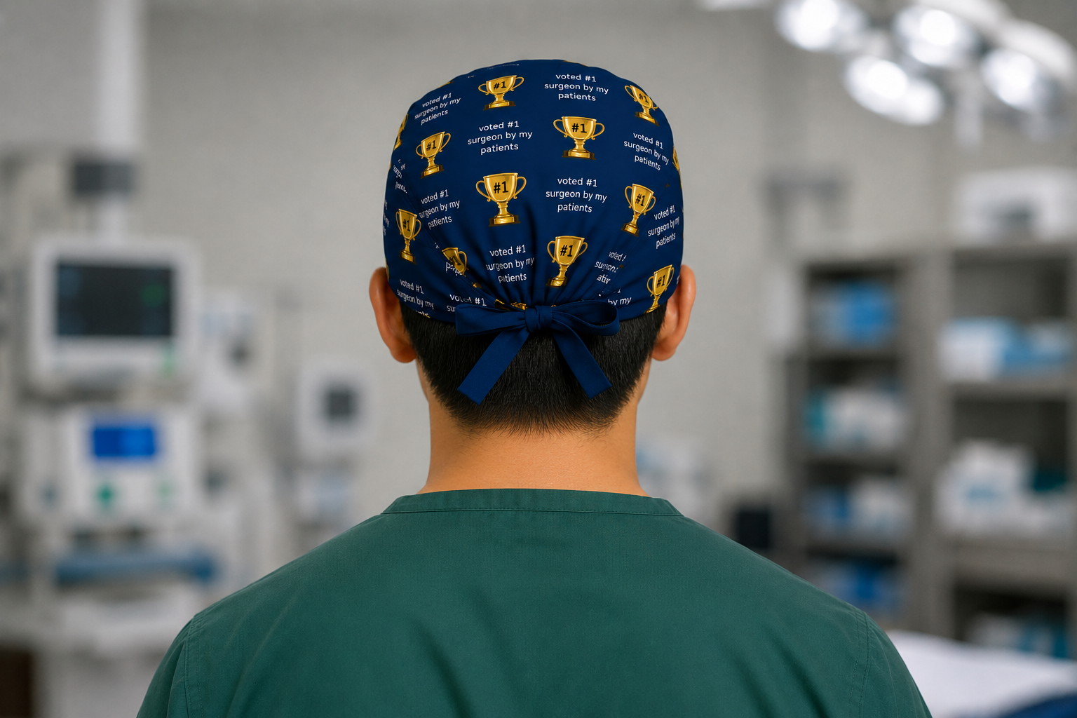Back view of navy "Voted #1 Surgeon" trophy tie-back scrub cap with bow tie closure — handmade-in-USA OR World surgical hat, gift for surgeons.
