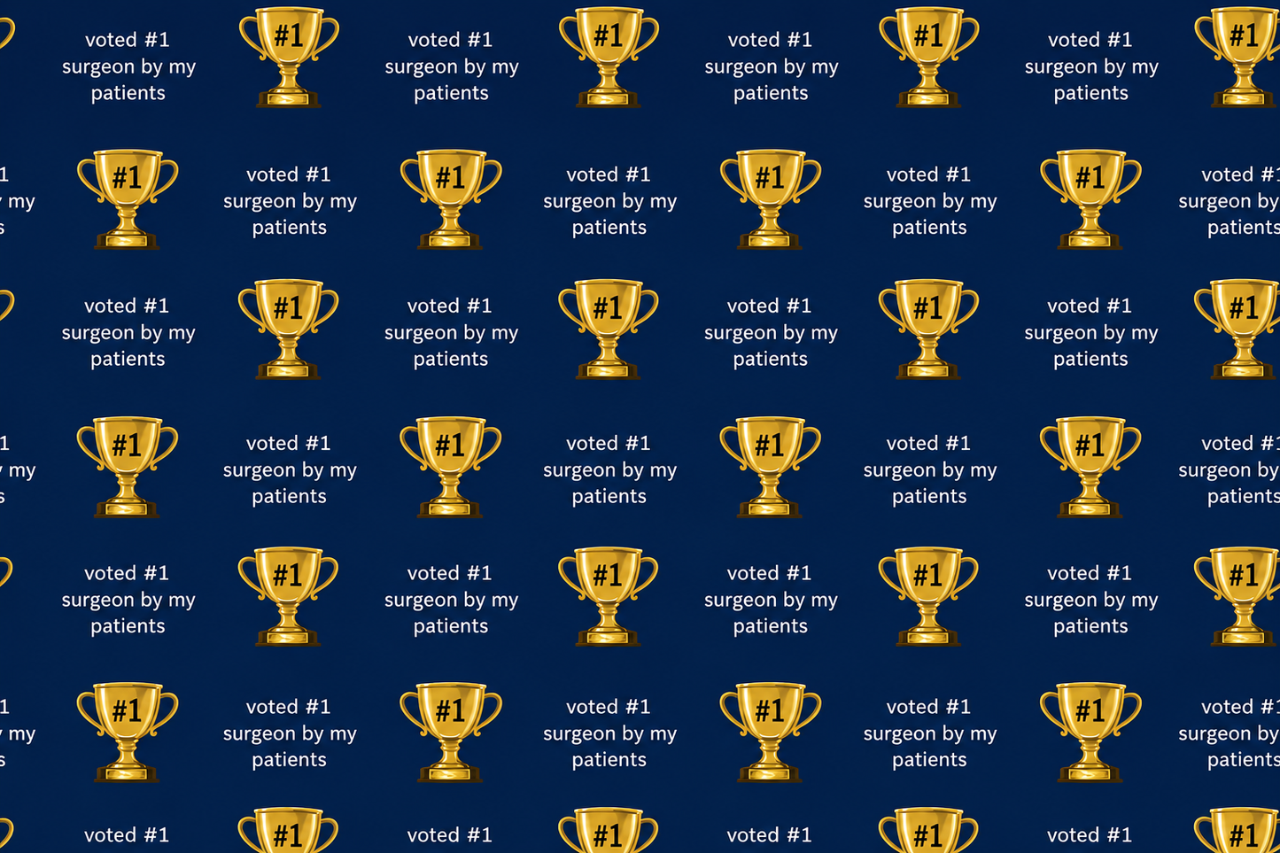Close-up of navy fabric with gold trophies and "voted #1 surgeon by my patients" text — handmade-in-USA OR World scrub cap, gift for surgeons.