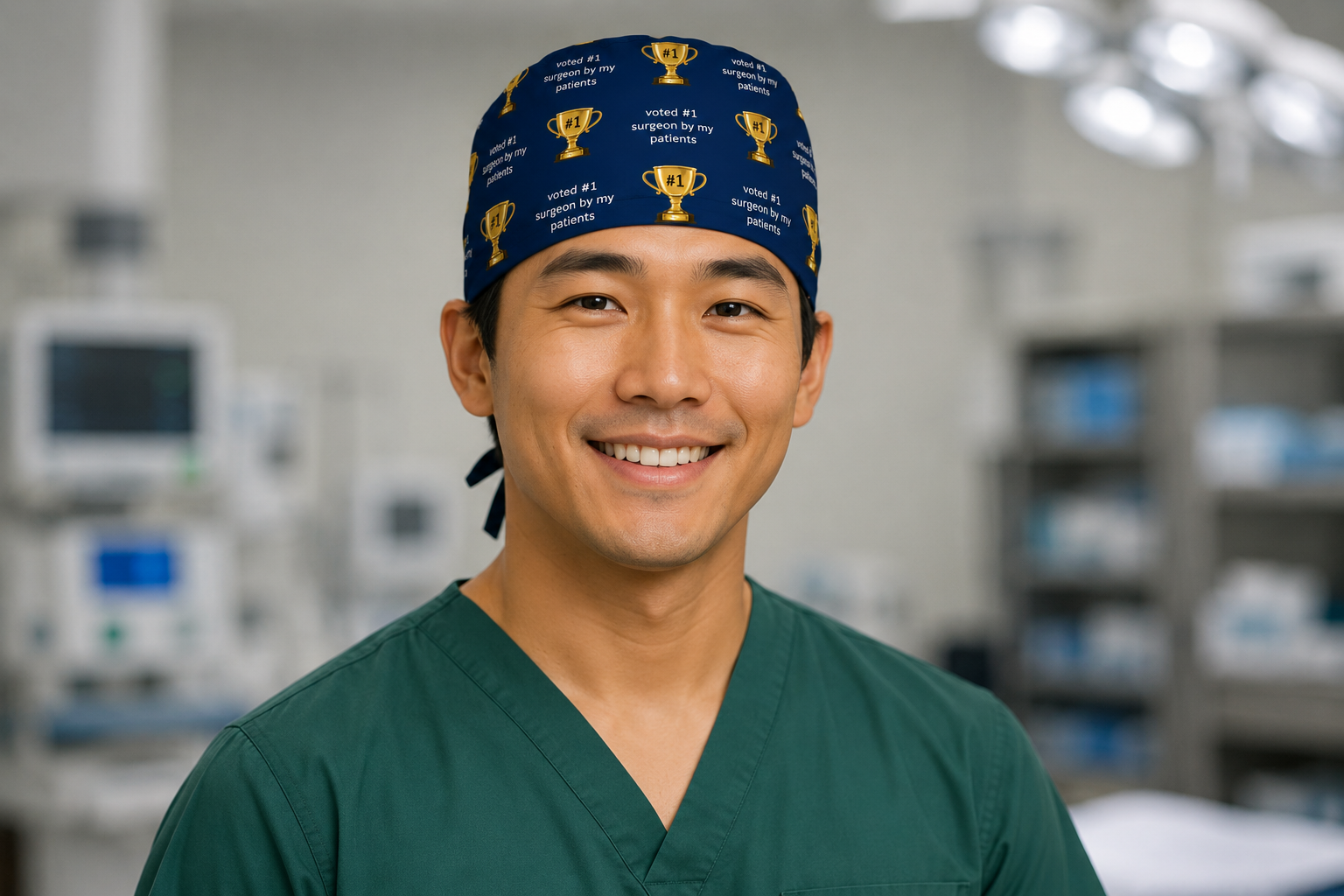 Surgeon wearing a navy "Voted #1 Surgeon by My Patients" scrub cap with gold trophies, front view in the OR — handmade-in-USA gift for surgeons from OR World.