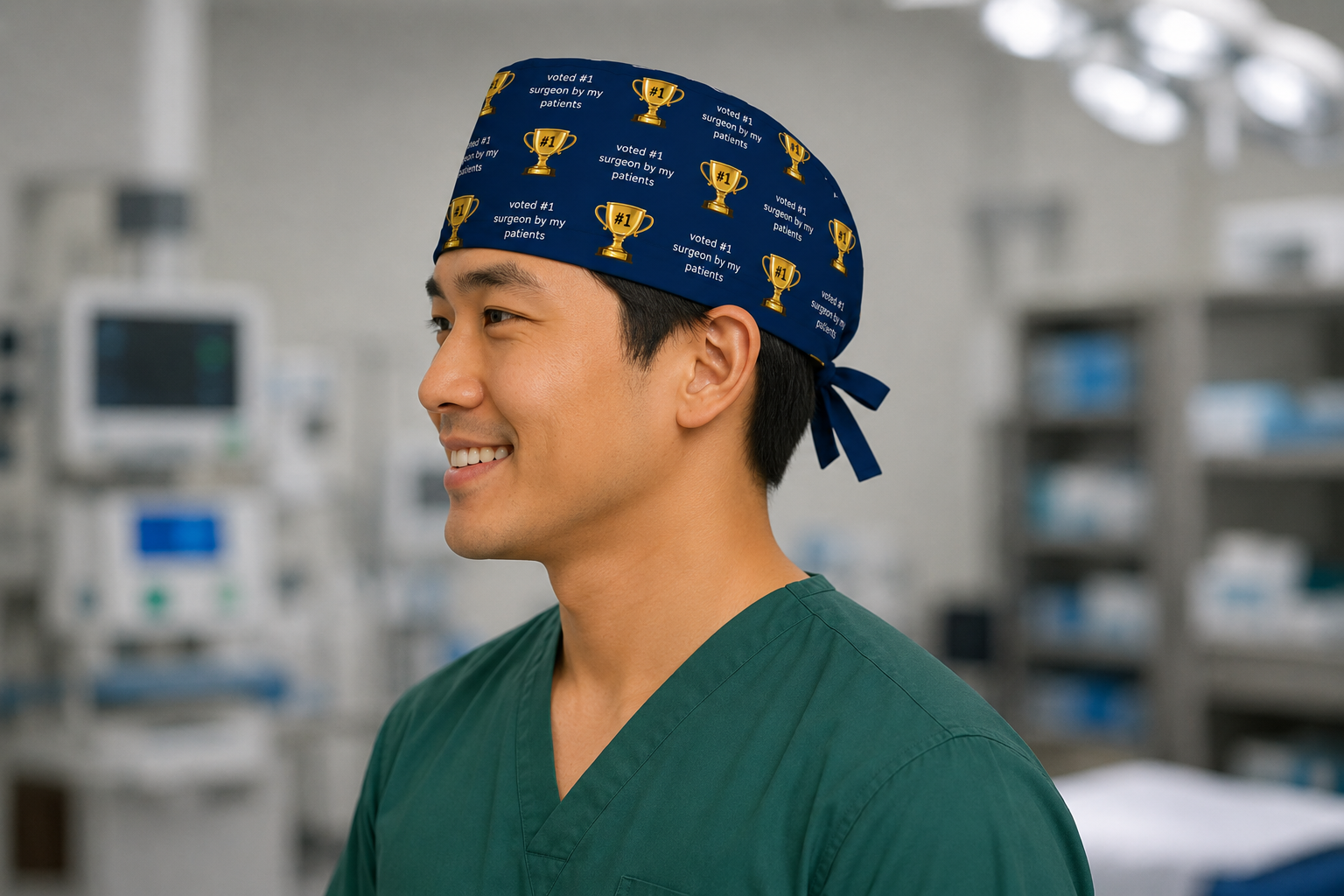 Side view of navy gold-trophy "Voted #1 Surgeon" tie-back scrub cap on a male model — handmade USA surgical hat, gift for surgeons.