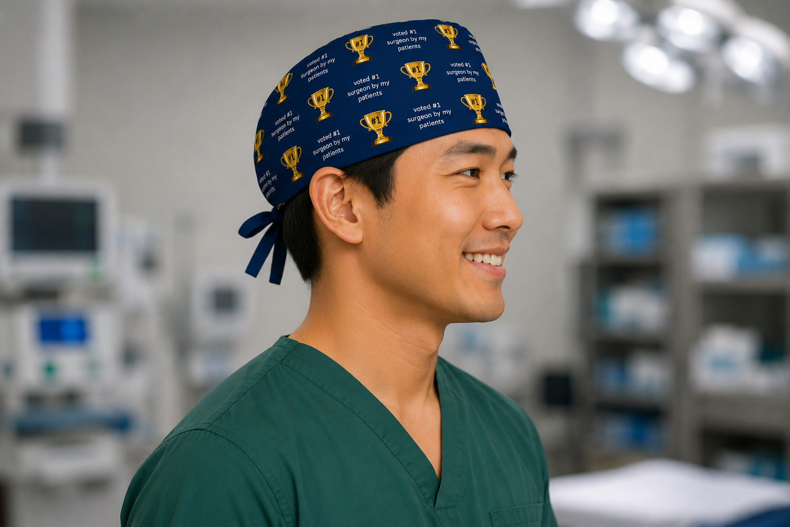 Profile view of "Voted #1 Surgeon by My Patients" trophy scrub cap — handmade-in-USA navy surgical hat, fun gift for surgeons & doctors.
