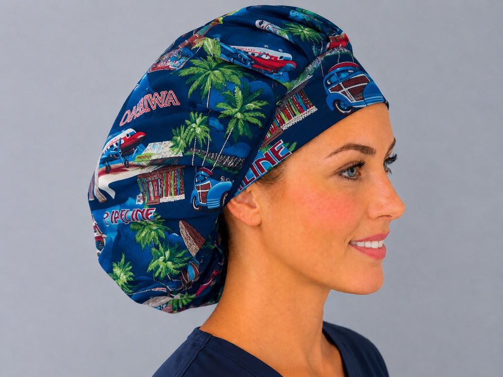 Right side profile of the Waikiki surf shop bouffant surgical hat — navy island print with palms and woody wagons, roomy breathable cotton cap