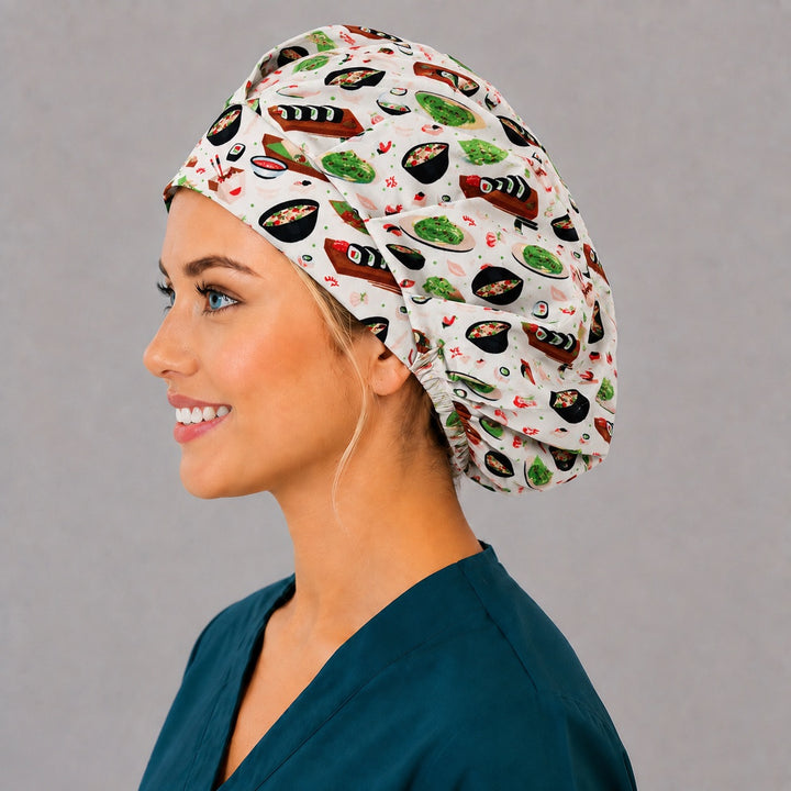 Wasabi and ramen bouffant cap for women, left side profile — handmade sushi print surgical cap, USA made