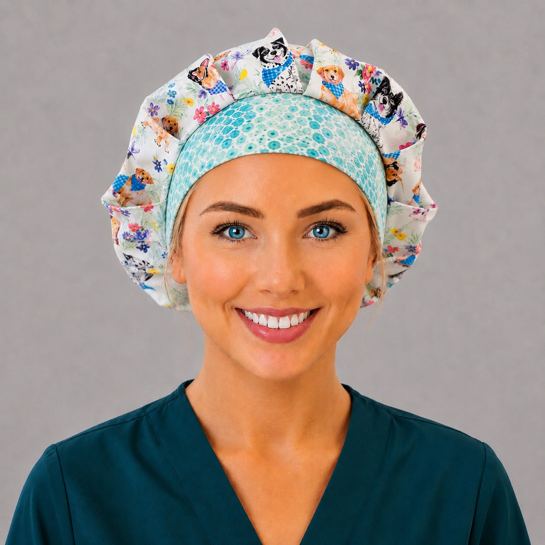 Watercolor Easter puppy bouffant scrub cap angled view on a smiling vet tech — dogs, bunnies and florals roomy cap that secures long thick hair