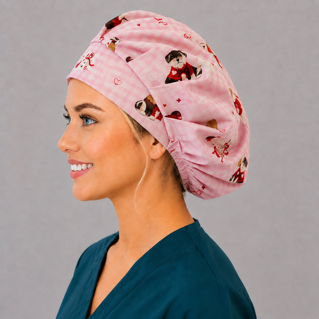 Watercolor puppy and heart bouffant cap for women, left side profile — handmade Valentine dog surgical cap, USA made