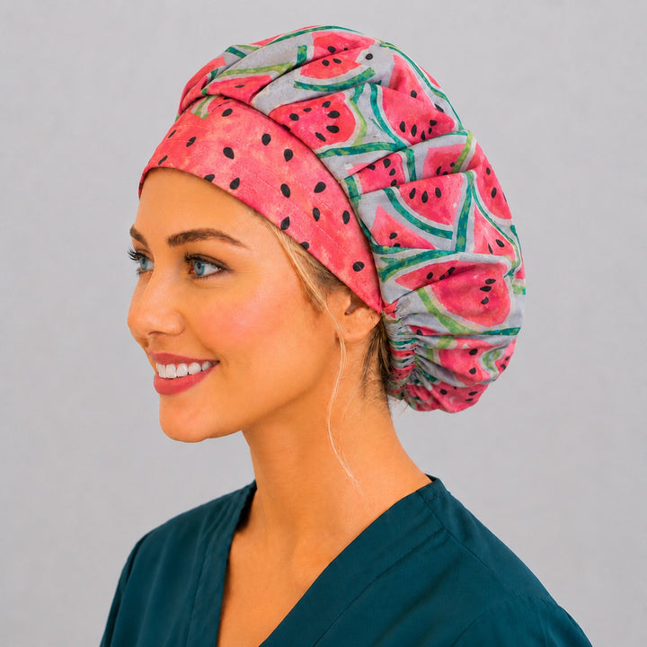 Back view of the watermelon bouffant scrub cap — full roomy fit showing watermelon slices and complete long-hair coverage with elastic gather