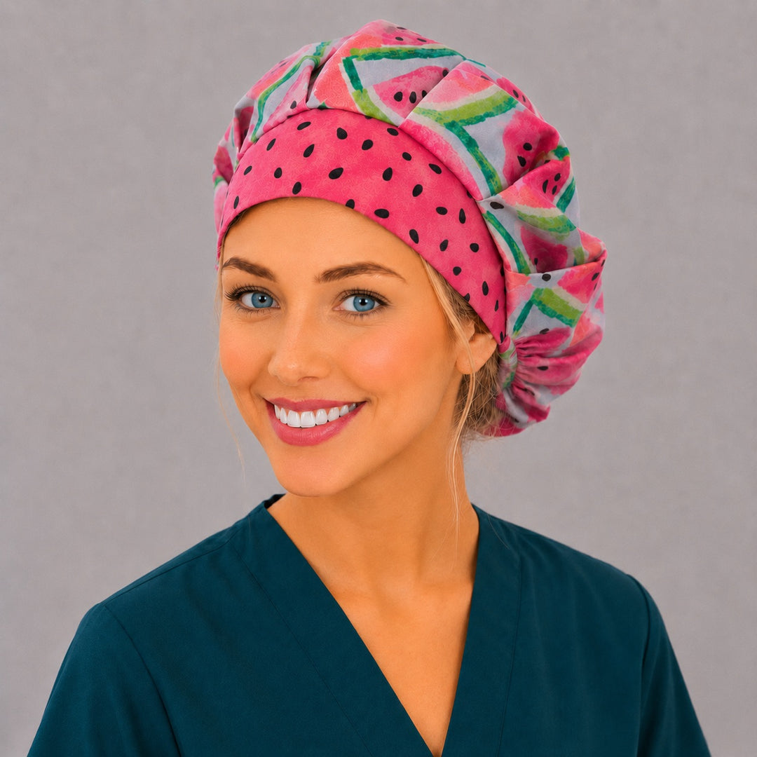 Watermelon bouffant scrub cap three-quarter smiling view — pink seed band with watercolor melon slices, roomy adjustable surgical hat for women