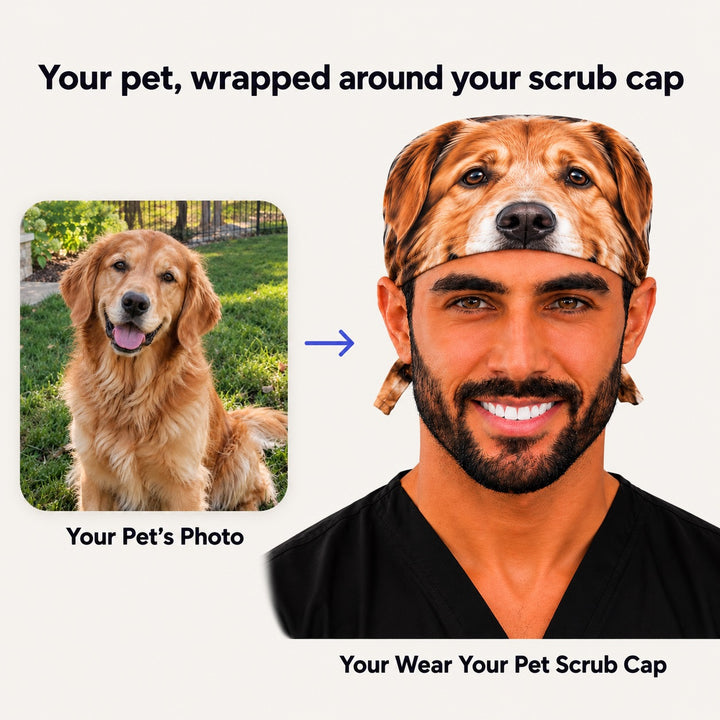 Before and after showing a real golden retriever pet photo turned into a Wear Your Pet wrap-around custom scrub cap, your pet wrapped around your surgical hat