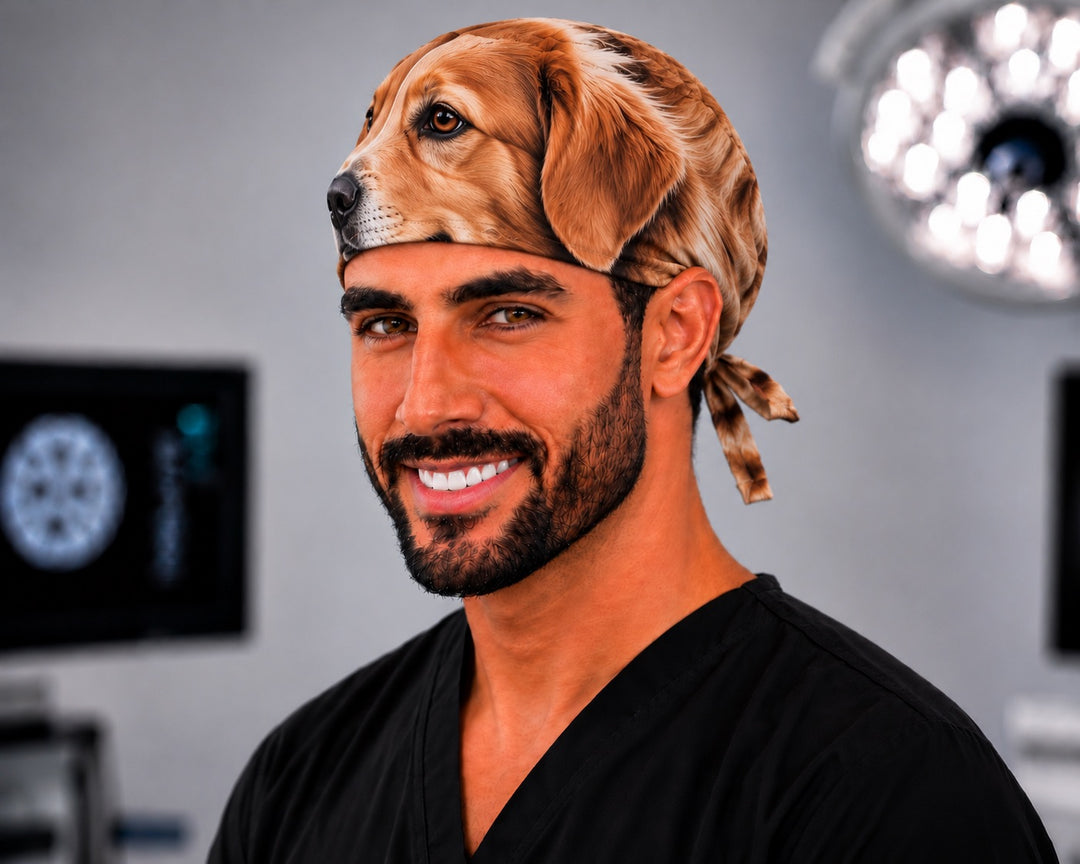 Surgeon wearing a Wear Your Pet custom scrub cap, a realistic wrap-around golden retriever face printed from a pet photo on a tie-back surgical hat, handmade USA by OR World