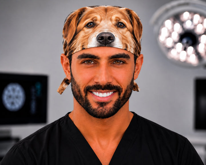 Front view of a panoramic pet face surgical hat with the dog&