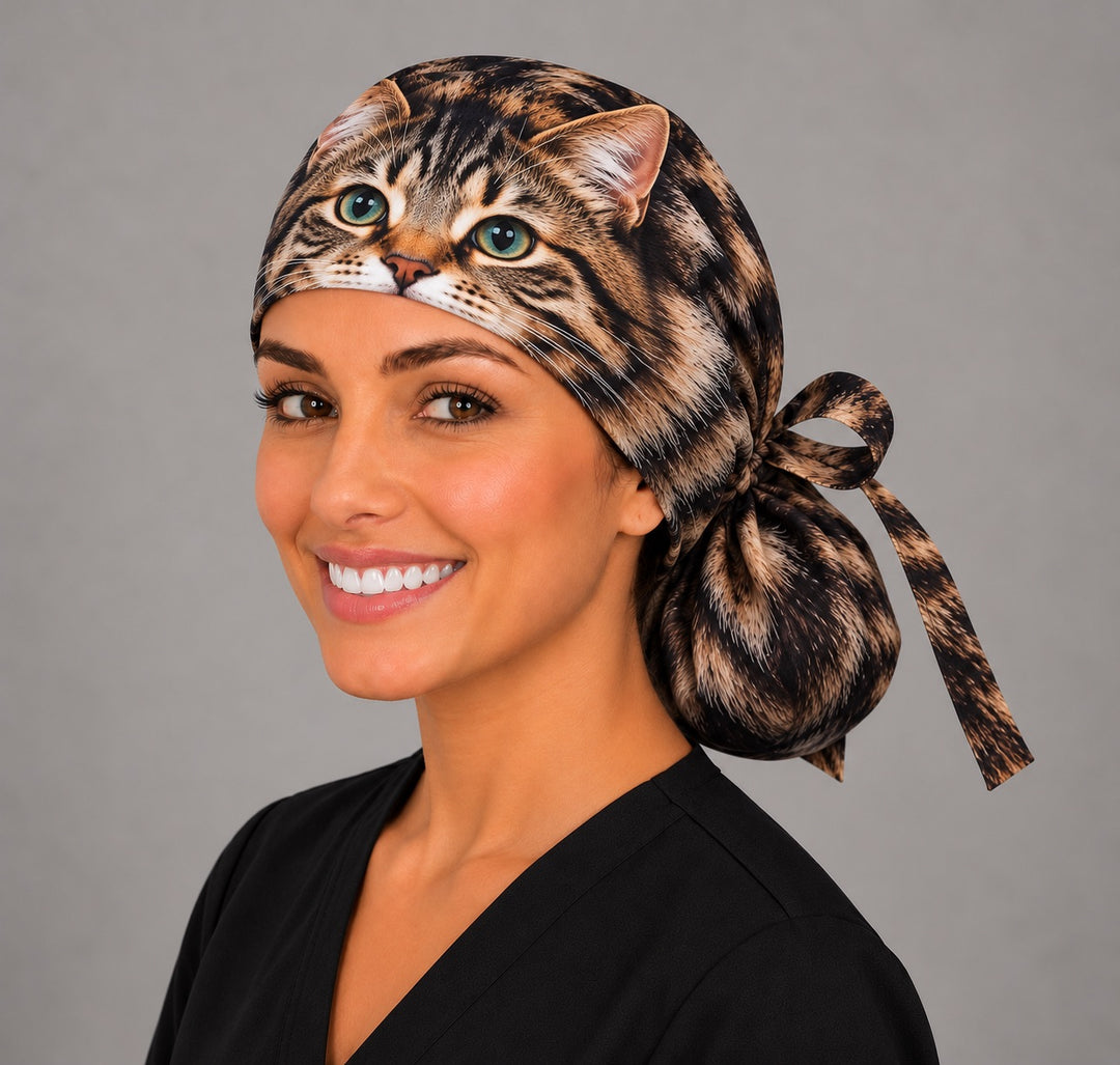 OR nurse wearing a Wear Your Pet ponytail scrub cap with a realistic tabby cat face wrapped around the front band, custom pet photo surgical hat for long hair, handmade USA by OR World