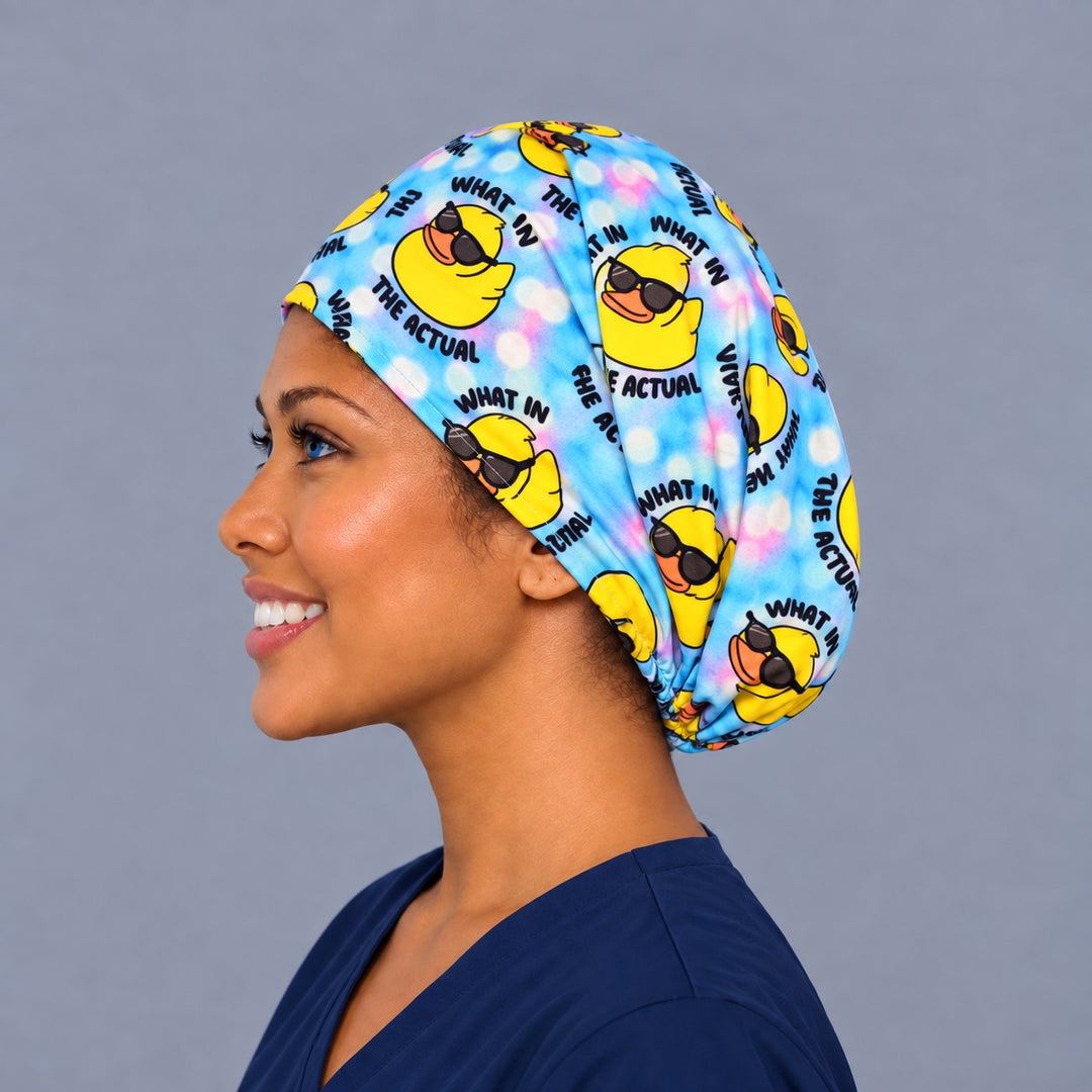 What in the Actual Duck Euro cap, left side profile — handmade rubber duck humor surgical cap, USA made