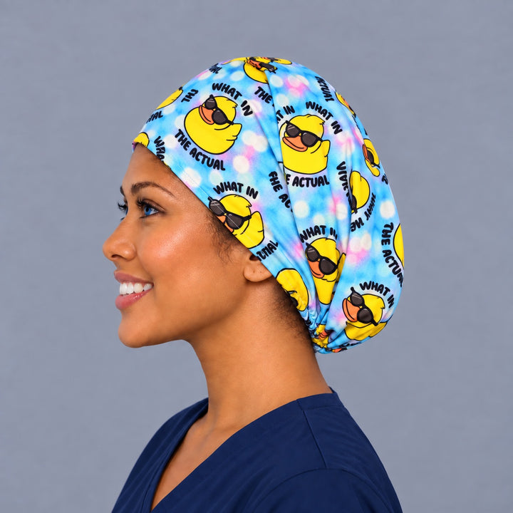 What in the Actual Duck Euro cap, left side profile — handmade rubber duck humor surgical cap, USA made