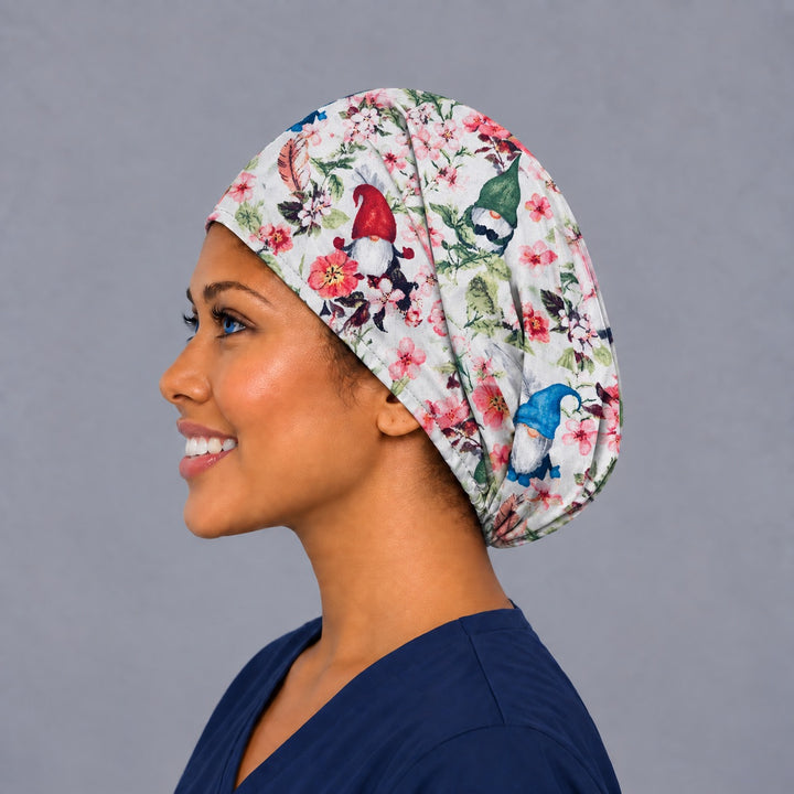 Whimsical gnome Euro cap, left side profile — handmade pink blossom and gnome surgical cap, USA made
