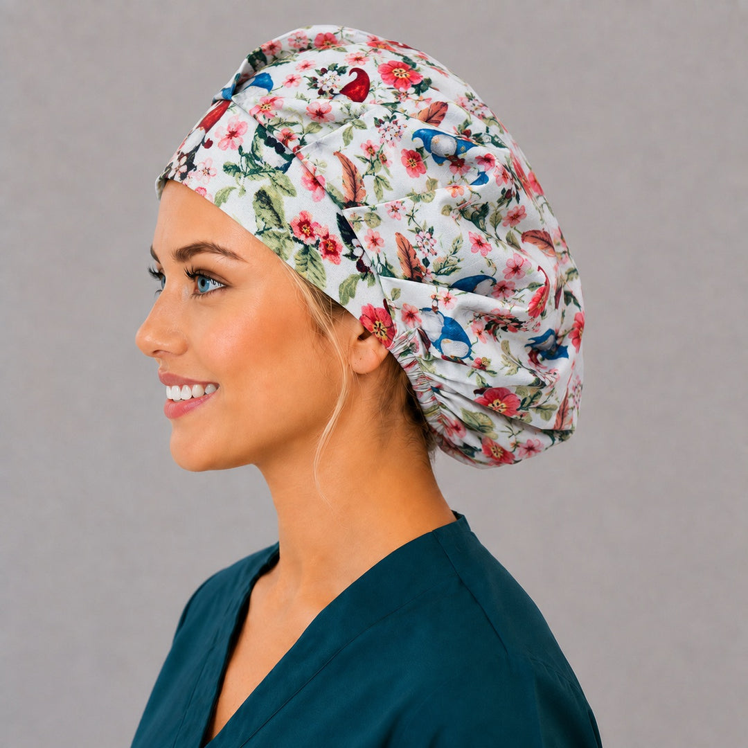 Whimsical gnome floral bouffant cap for women, left side profile — handmade spring garden surgical cap, USA made