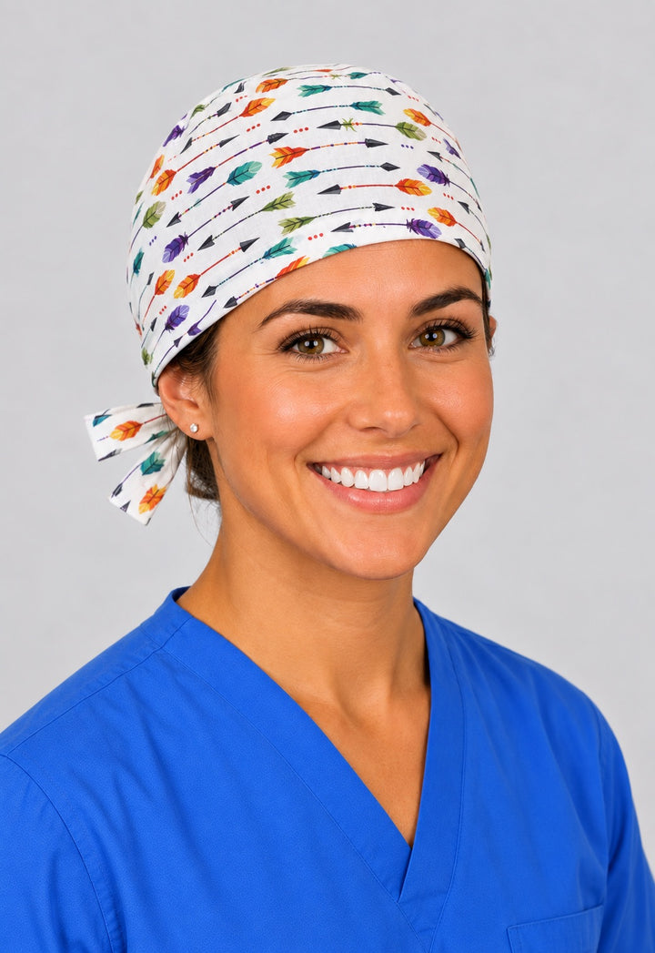 White arrow scrub cap in left angled view, watercolor feather surgical hat for midwives and vet techs