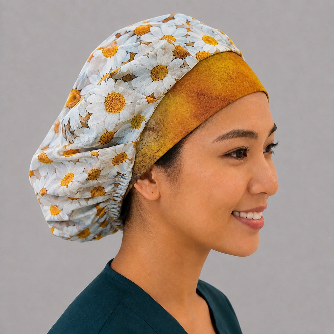 Right side profile of the white daisy bouffant surgical hat — golden daisy centers with antique-gold contrast band, roomy cotton cap for nurses