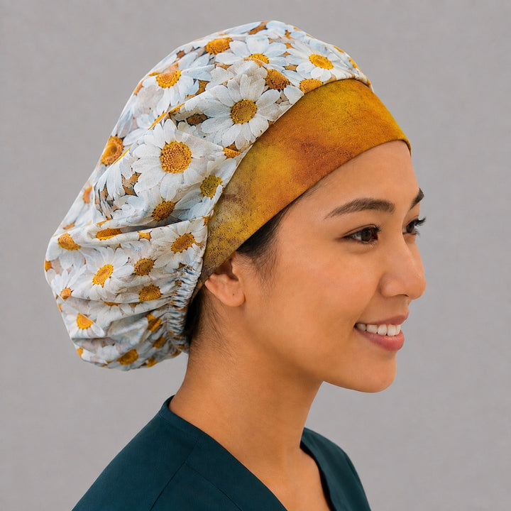 Right side profile of the white daisy bouffant surgical hat — golden daisy centers with antique-gold contrast band, roomy cotton cap for nurses