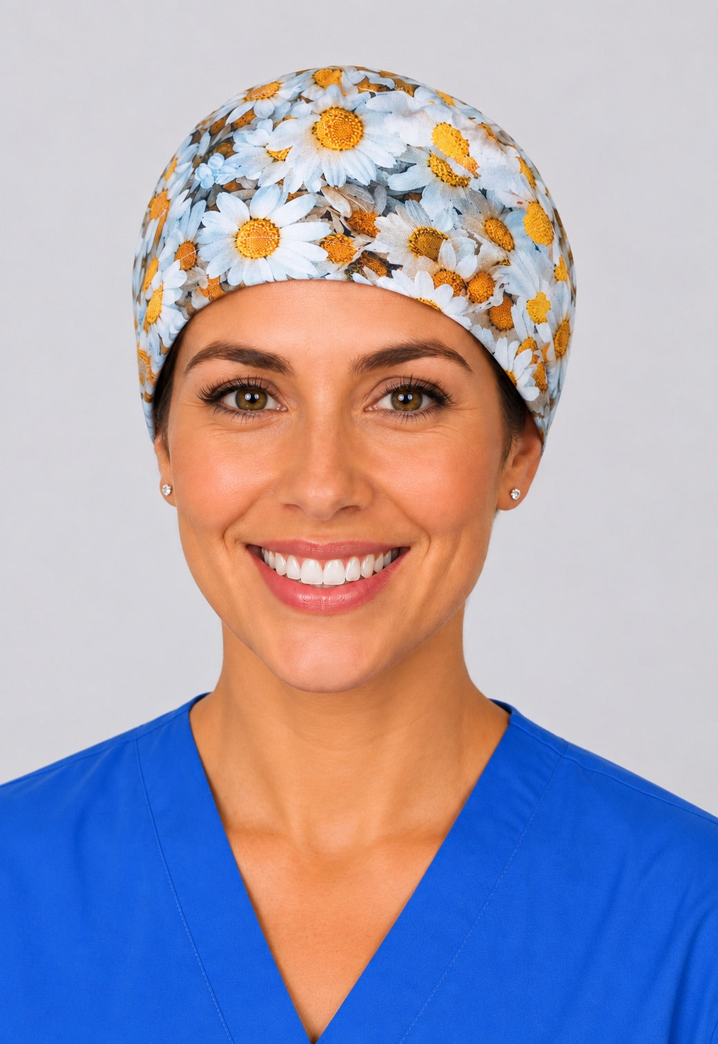 White daisy flower surgical cap in straight front view, unisex scrub hat sized for short hair