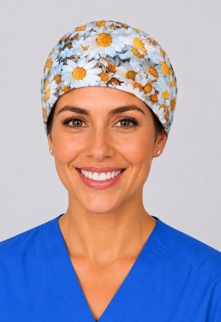 White daisy flower surgical cap in straight front view, unisex scrub hat sized for short hair