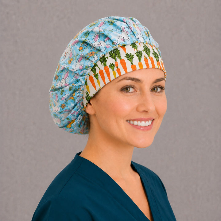 White rabbit bouffant surgical cap for long hair, right angled view — deep gathered fit that secures thick or braided hair