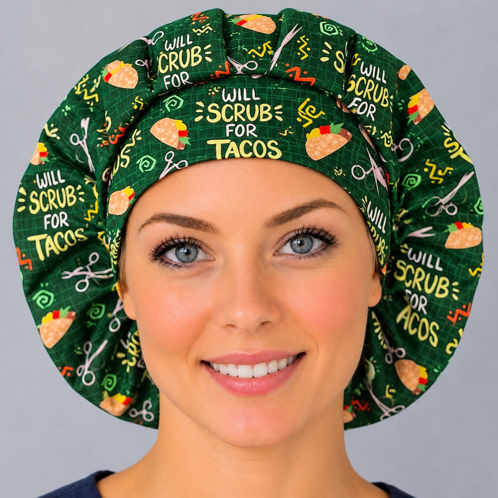 Smiling nurse wearing a Will Scrub for Tacos bouffant scrub cap, front view with the yellow slogan centered on the forest green band
