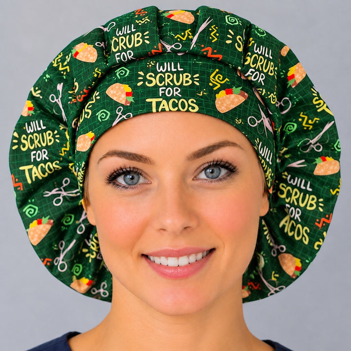 Smiling nurse wearing a Will Scrub for Tacos bouffant scrub cap, front view with the yellow slogan centered on the forest green band