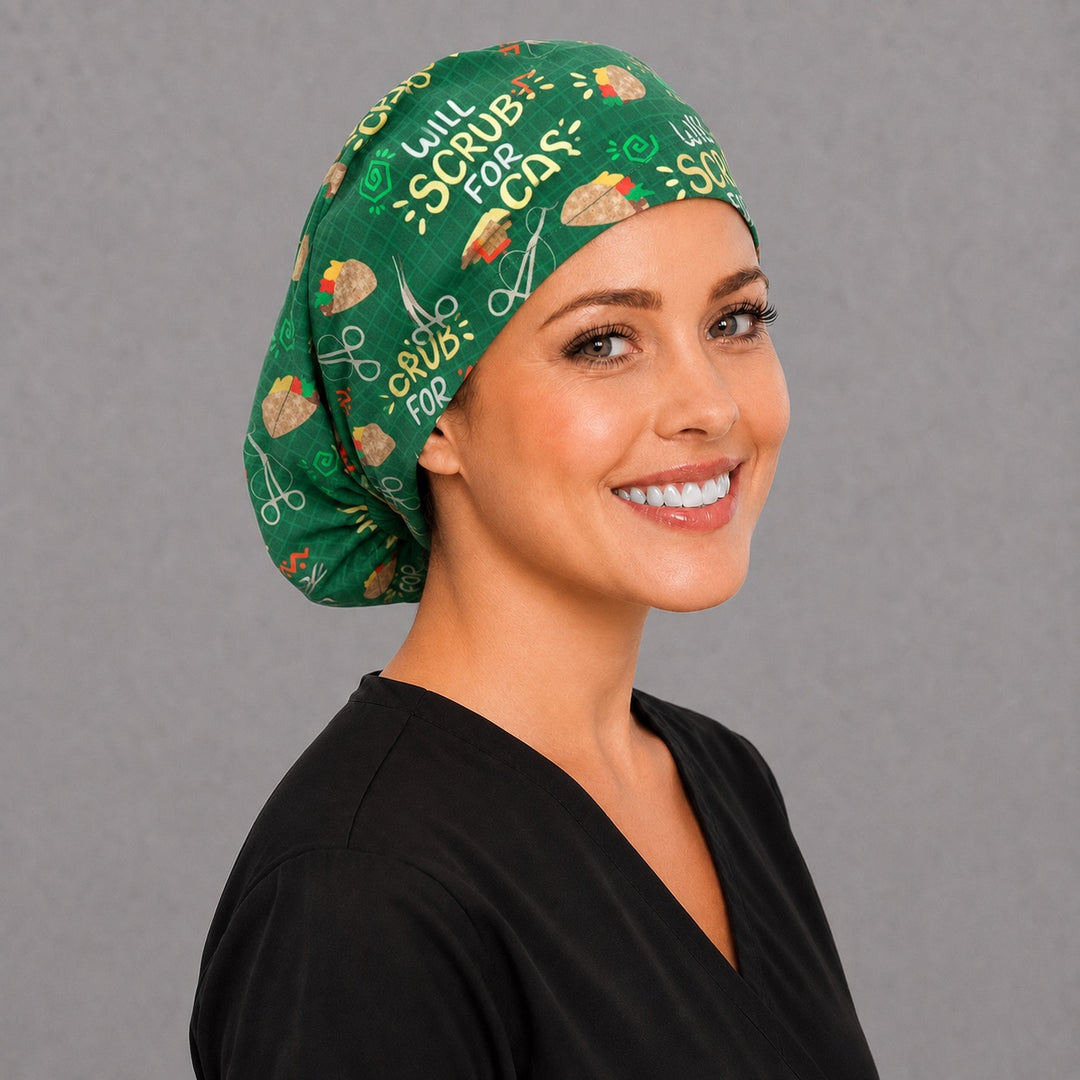 Will Scrub For Tacos Euro cap for women, right angled smiling view — handmade funny foodie surgical cap, USA made